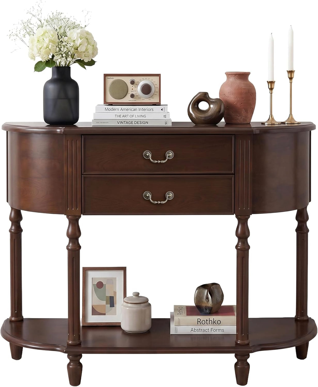 LKTART 43.3" Solid Wood Vintage Curved Console Table, Half Moon Sofa Table Entryway Table with 2 Drawers and Open Shelves Rubber Wood Legs for Living Room Hallway Entryway, Walnut