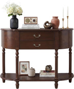 LKTART 43.3" Solid Wood Vintage Curved Console Table, Half Moon Sofa Table Entryway Table with 2 Drawers and Open Shelves Rubber Wood Legs for Living Room Hallway Entryway, Walnut