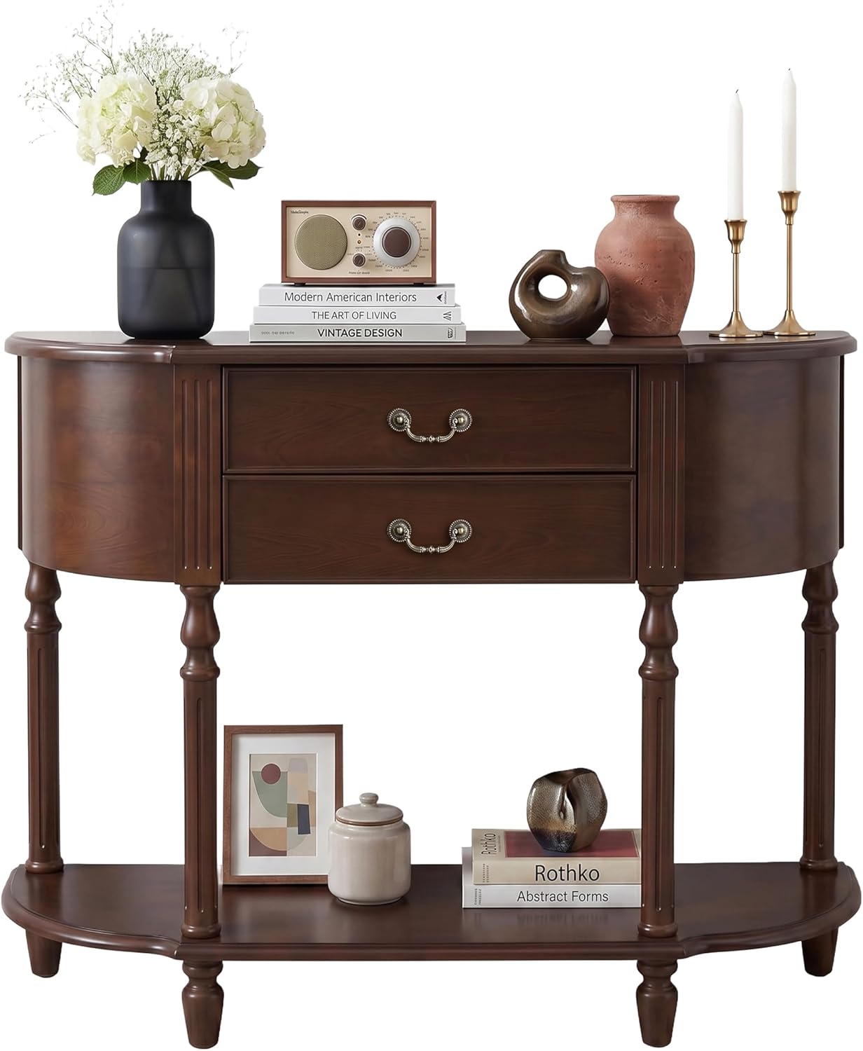 LKTART 43.3" Solid Wood Vintage Curved Console Table, Half Moon Sofa Table Entryway Table with 2 Drawers and Open Shelves Rubber Wood Legs for Living Room Hallway Entryway, Walnut