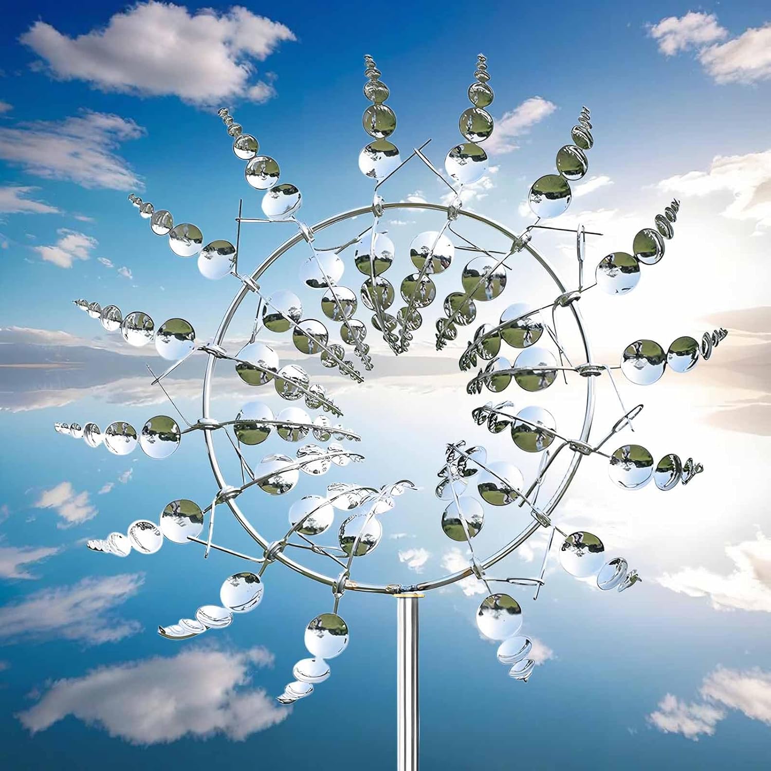 Windmill for Yard and Garden,Wind Spinner,Magical Metal Windmill, 3D Wind Powered Kinetic Sculpture, Dual-Tiered Opposite-Directional Rotation, Stainless Steel Wind Spinners (Silver)