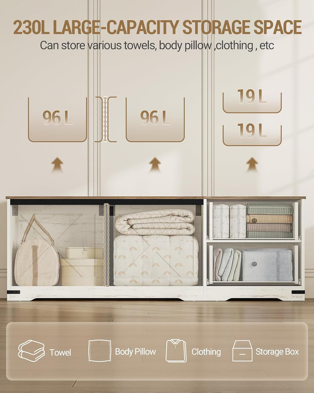 Hzuaneri Storage Chest, 58" Extra Large Storage Bench with Double Drawers, Farmhouse Style Wooden Chest Bench with Barn Door, Large Trunk for Living Room, Bedroom, or Entryway, Antique White SB15114X