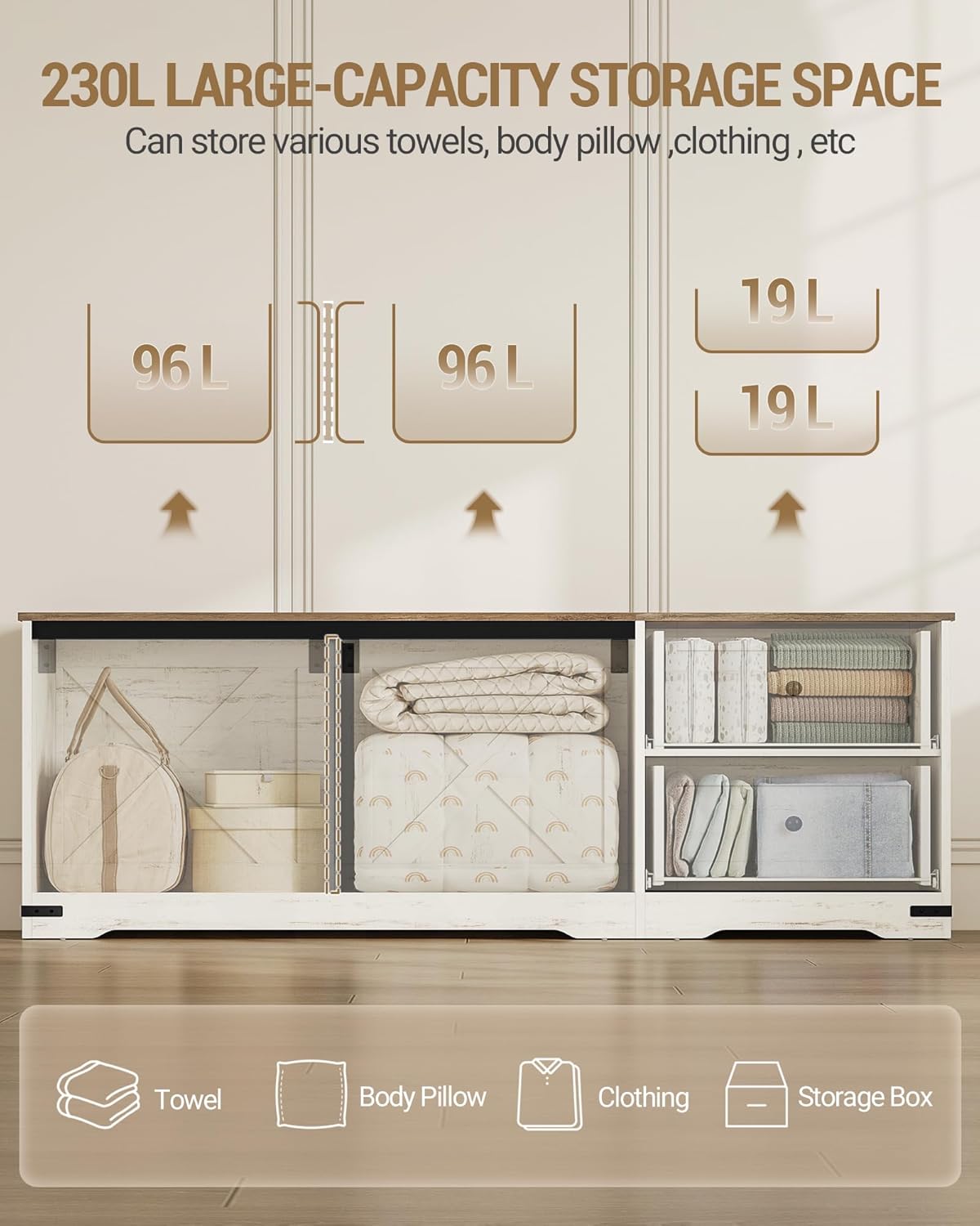 Hzuaneri Storage Chest, 58" Extra Large Storage Bench with Double Drawers, Farmhouse Style Wooden Chest Bench with Barn Door, Large Trunk for Living Room, Bedroom, or Entryway, Antique White SB15114X
