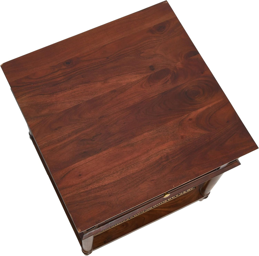 Creative Co-Op Maxwelton Solid Wood End Table with Drawer and Woven Cane Storage Shelf, Dark Chestnut and Natural