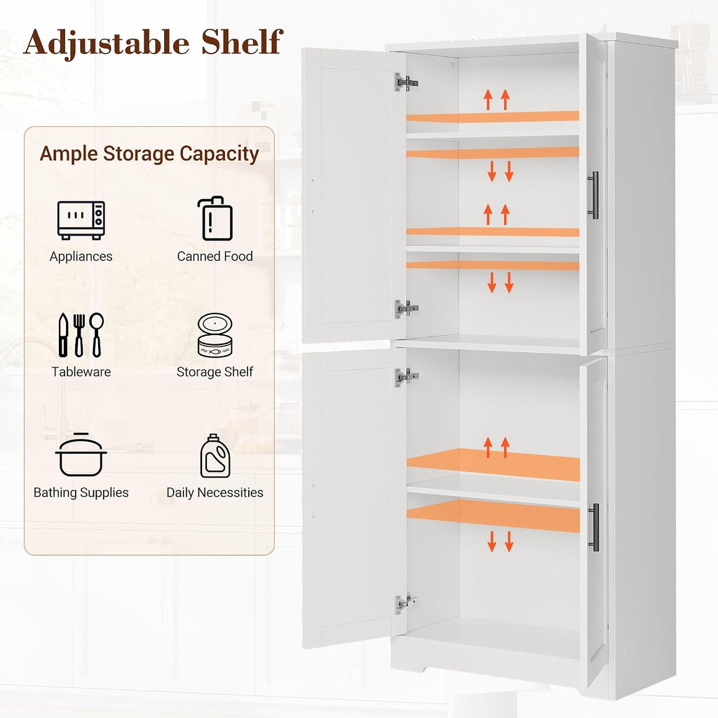 IDEALHOUSE Pantry Cabinet,70" Tall Kitchen Pantry Cabinet with 4 Doors and 3 Adjustable Shelves, Freestanding Cupboard, Modern Storage Cabinet for Bathroom, Dining Room, Living Room (White)