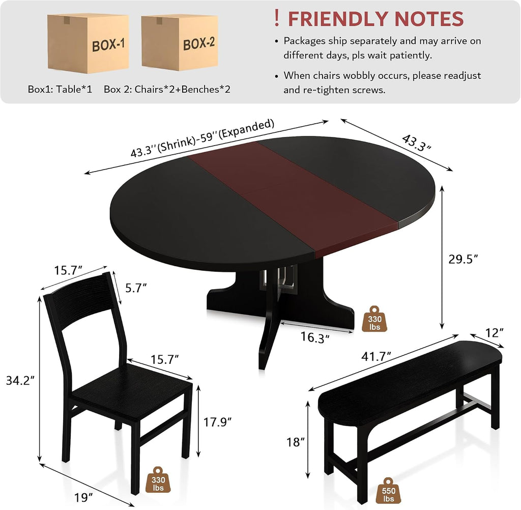 iPormis 5-Piece Round Dining Table Set for 4-6, 59" Extendable Dining Room Table Set with 2 Ergonomic Chairs & 2 Benches, Oval Modern Dinette Table with Metal Frame & MDF Board, Space-Saving, Black