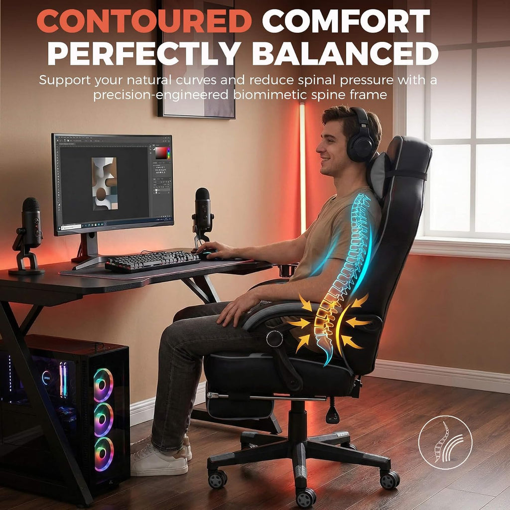 GTPLAYER Gaming Chair for Adults, Big and Tall 350LBS Heavy Duty Office Chair, Ergonomic High Back Lumbar Support and Recliner for Back Pain Relief, Sky Gray