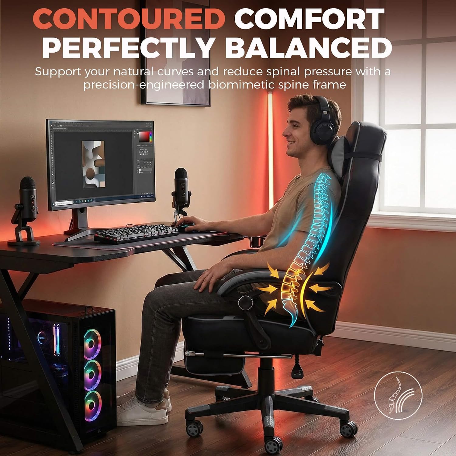 GTPLAYER Gaming Chair for Adults, Big and Tall 350LBS Heavy Duty Office Chair, Ergonomic High Back Lumbar Support and Recliner for Back Pain Relief, Sky Gray