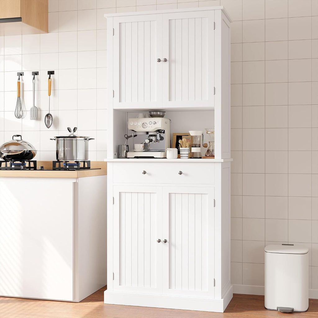 Apicizon 71’’ Tall Kitchen Pantry Storage Cabinet, Modern Kitchen Hutch Bar Cabinet with Microwave Stand & 3 Adjustable Shelves, Cupboard with Drawers, Wood Buffet Sideboard for Dining Room, White