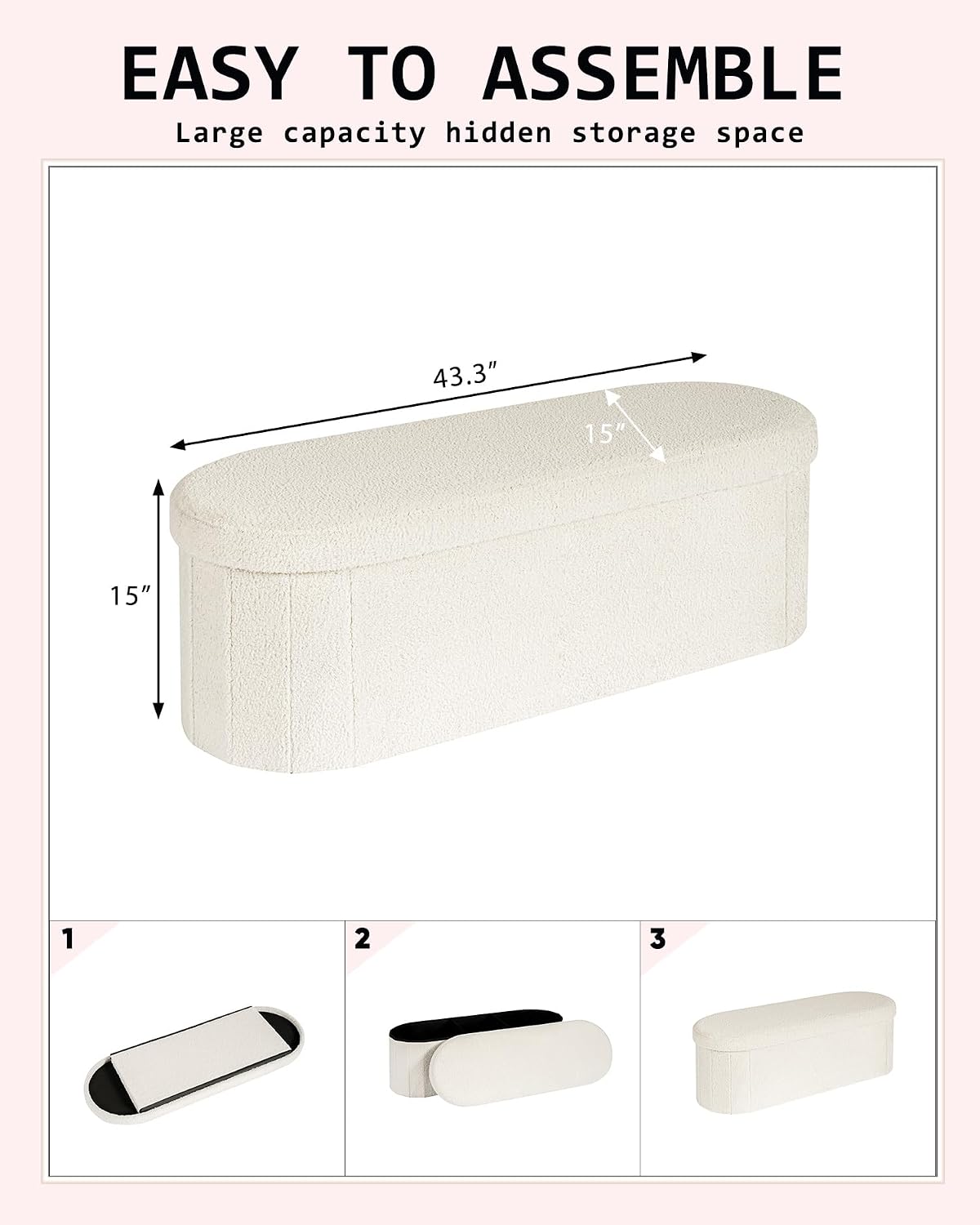 43.3 Inches Foldable Storage Ottoman Bench, Oval Footrest | Teddy Boucle Fabric, Hidden Storage, Soft Padded Seat, End Of Bed Bench For Bedroom, Living Room and Entryway, White
