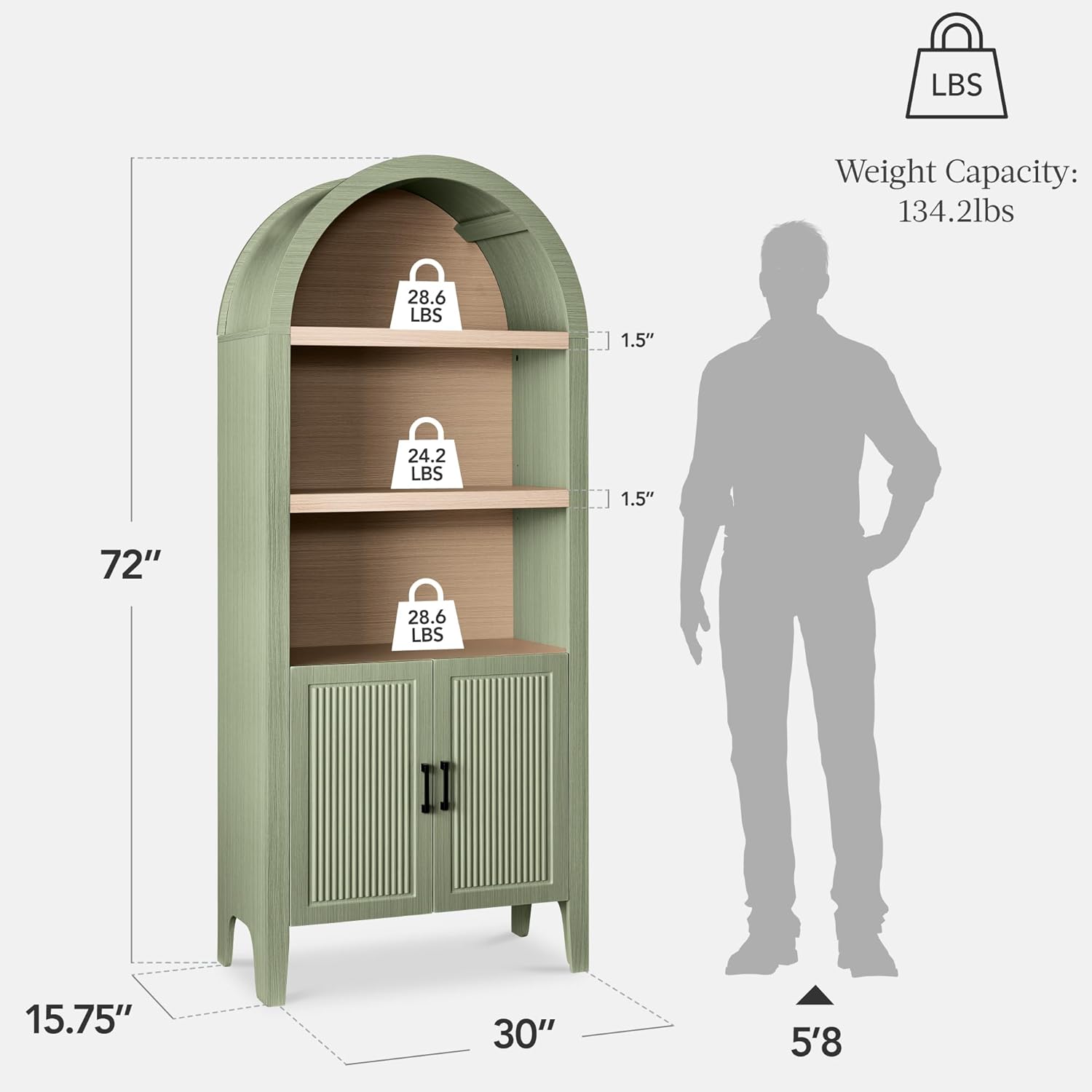 Best Choice Products 72" Tall Arched Pantry Cabinet w/Reeded Doors, 5-Tier Bookshelf, Armoire, Hutch, Bookcase, Storage Cabinet w/Adjustable Shelves, for Dining Room and Livingroom - Sage