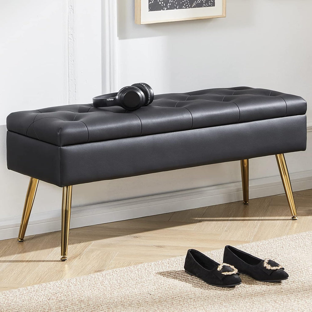 Gitrah Storage Bench Entryway Bench End of Bed Bench Ottoman Upholstered Faux Leather Bedroom Bench Tufted Bench with Golden Legs 40" Black Bench