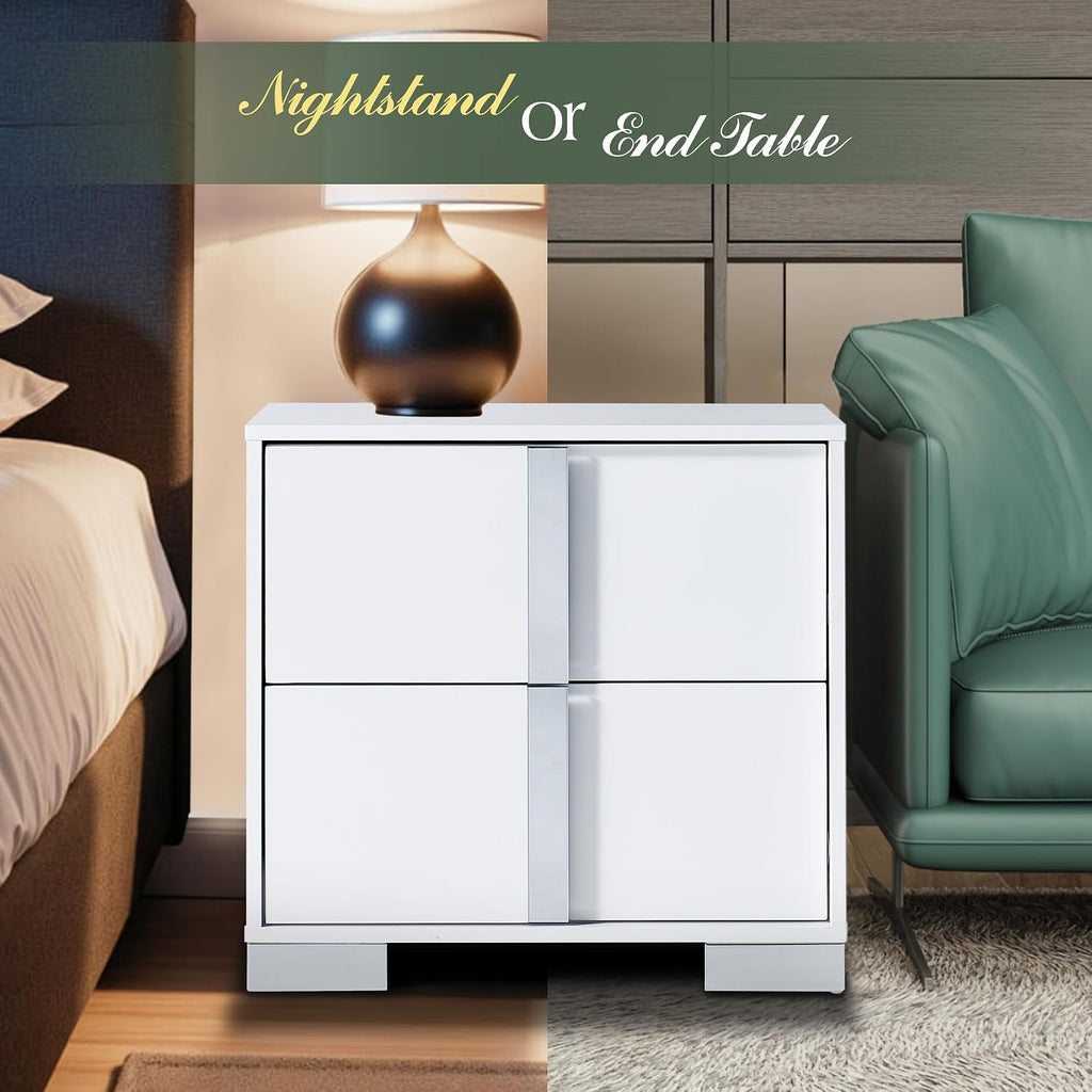 AMERLIFE Modern Nightstand, 23.6" End Table with 2 Drawers, White | Bedside Table for Bedroom, High Gloss UV Finish, Electroplated Pull Handle & Legs