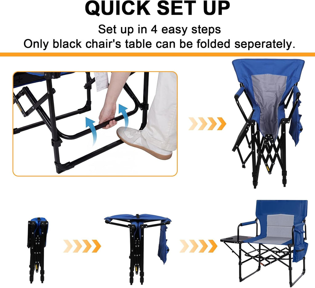 2 Pack Directors Chair with Side Table, Heavy Duty Folding Camping Chair for Adults, Portable Sports Chair with Cup Holder & Side Pocket, Compact Outdoor Chair Supports 400lbs, Blue