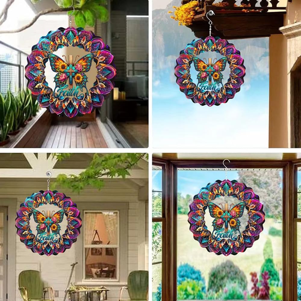 Cross Wind Spinner, Metal Wind Spinners Outdoor/Indoor, Cross Butterfly Hanging Garden Decor for Outside, Stainless Wind Spinners for Yard and Garden 10 inch 3D (25X24.95 CM)