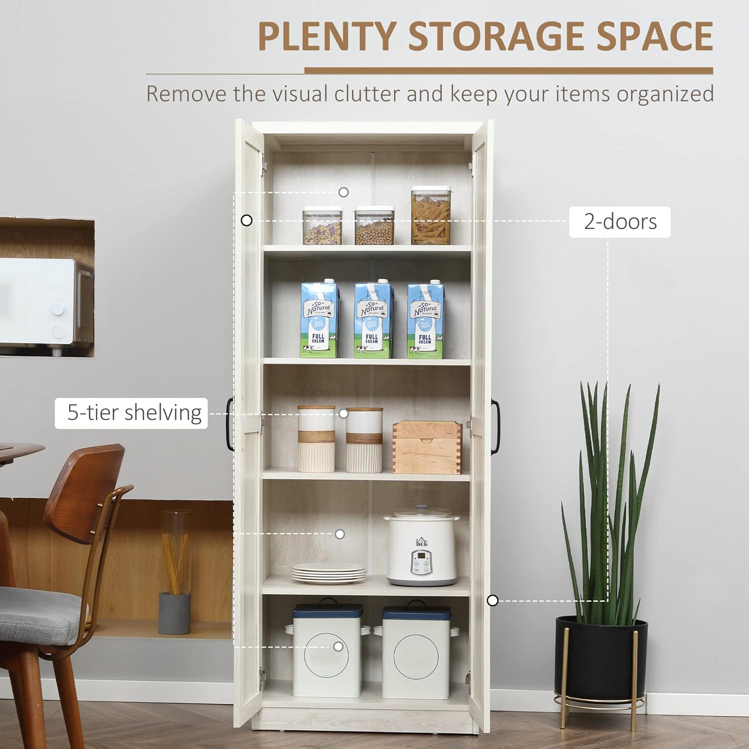 63" 2-Door Kitchen Pantry, Freestanding Storage Cabinet with 5-Tier Shelving and 2 Adjustable Shelves for Dining Room, Antique White