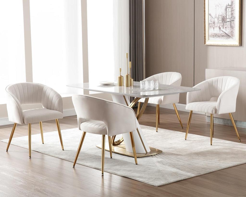 KCC Modern Velvet Desk Chair Accent Armchair Upholstered Tufted Chairs Dining Chairs, Tufted Vanity Chair Side Chairs with Gold Metal Legs for Dining Room Living Room Restaurant,1 PC &Cream