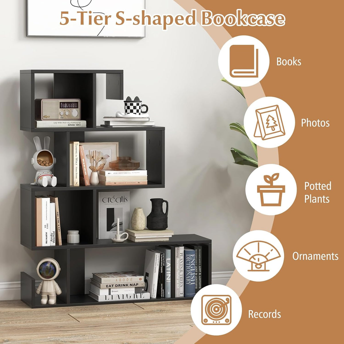 Tangkula S-Shaped Bookshelf, 5-Tier Modern Geometric Stepped Bookcase with Anti-Tipping Kits, Freestanding Corner Ladder Display Rack for Living Room Home Office (1, Black)