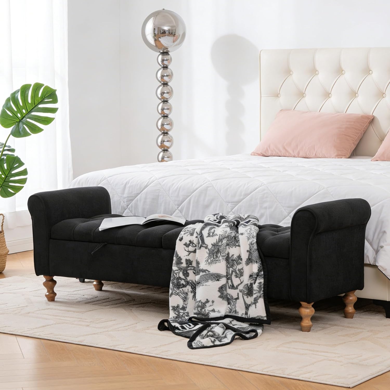 Aoiy & Wifon 65.75" W Large Storage Ottoman Bench, Modern King Size End of Bed Storage Bench with Wood Legs, Upholstered Window Bench for Bedroom, Living Room, Entryway, Black