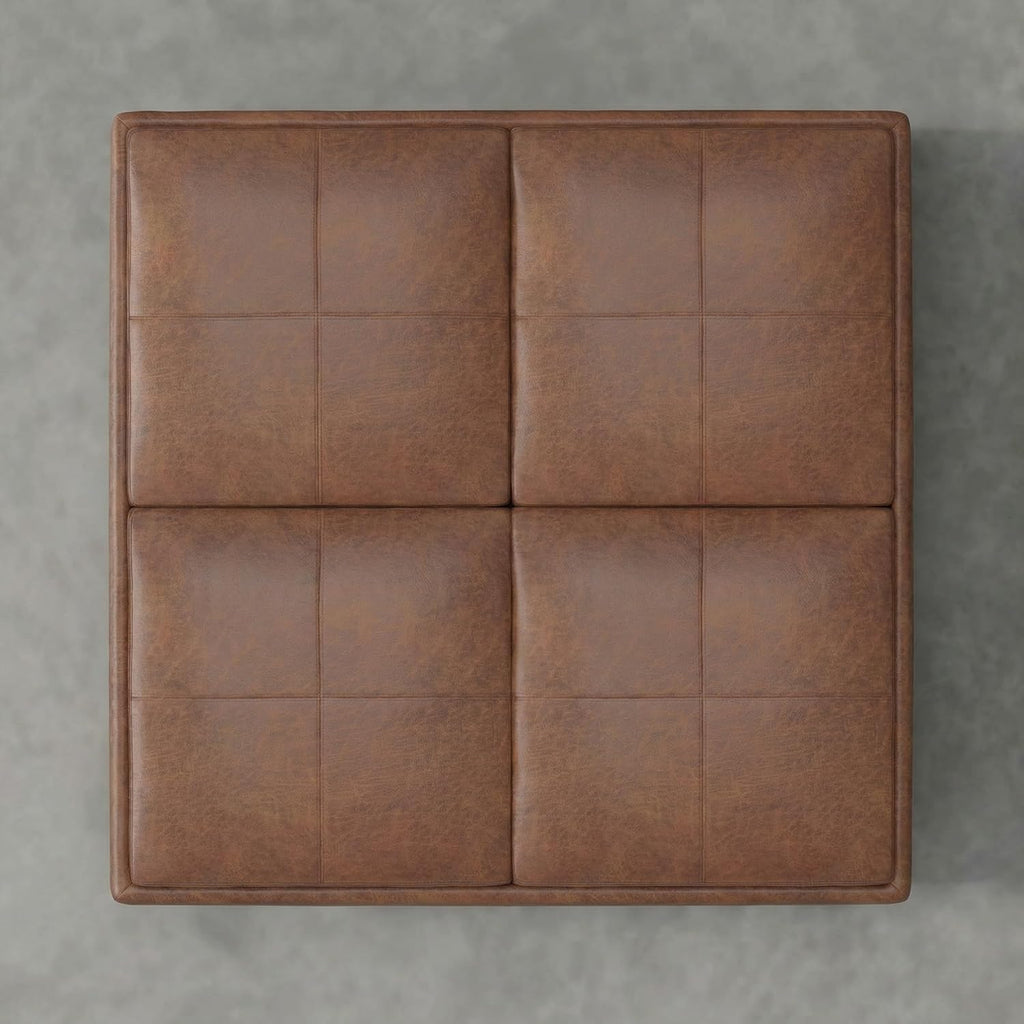 SIMPLIHOME Avalon Coffee Table Storage Ottoman - 35 inch Wide Upholstered Vegan Leather Square Storage Ottoman in Distressed Pecan Brown, Contemporary Ottoman for Living Room with Serving Trays
