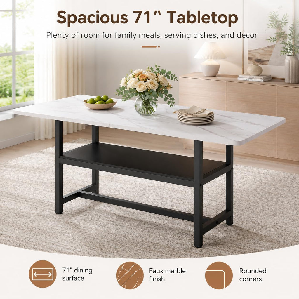 Dining Table for 6, 71" Rectangle Kitchen Table with Storage Shelf, Dinner Table Full White Faux Marble Top & Black Metal Frame for Dining Room Home Office – White
