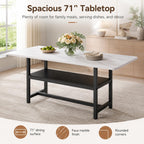 Dining Table for 6, 71" Rectangle Kitchen Table with Storage Shelf, Dinner Table Full White Faux Marble Top & Black Metal Frame for Dining Room Home Office – White