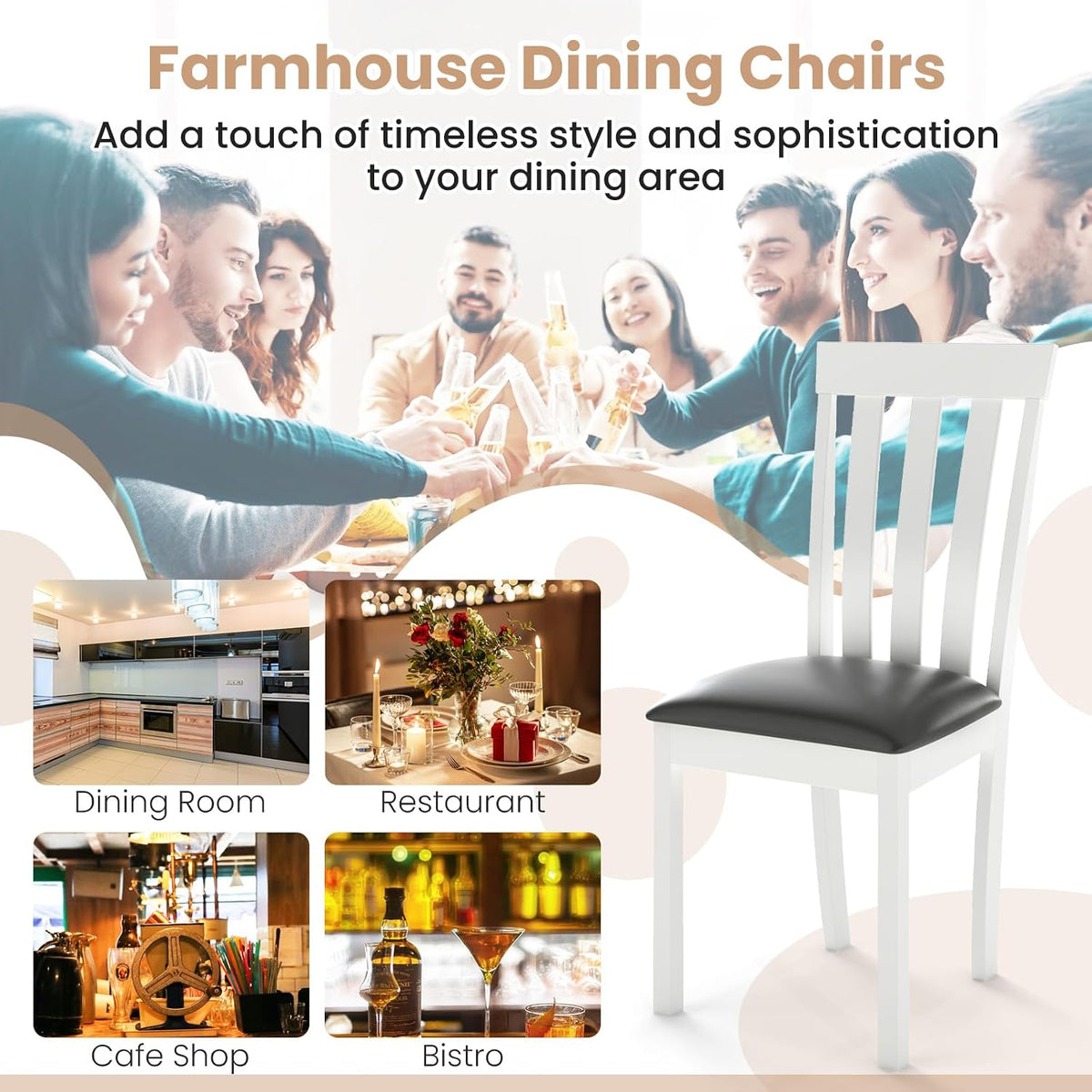GOFLAME Wood Dining Chairs Set of 4, Upholstered Faux Leather Kitchen Side Chairs with Rubber Wood Frame, Armless Dinette Chairs for Dining Room, Living Room, Restaurant, White & Grey