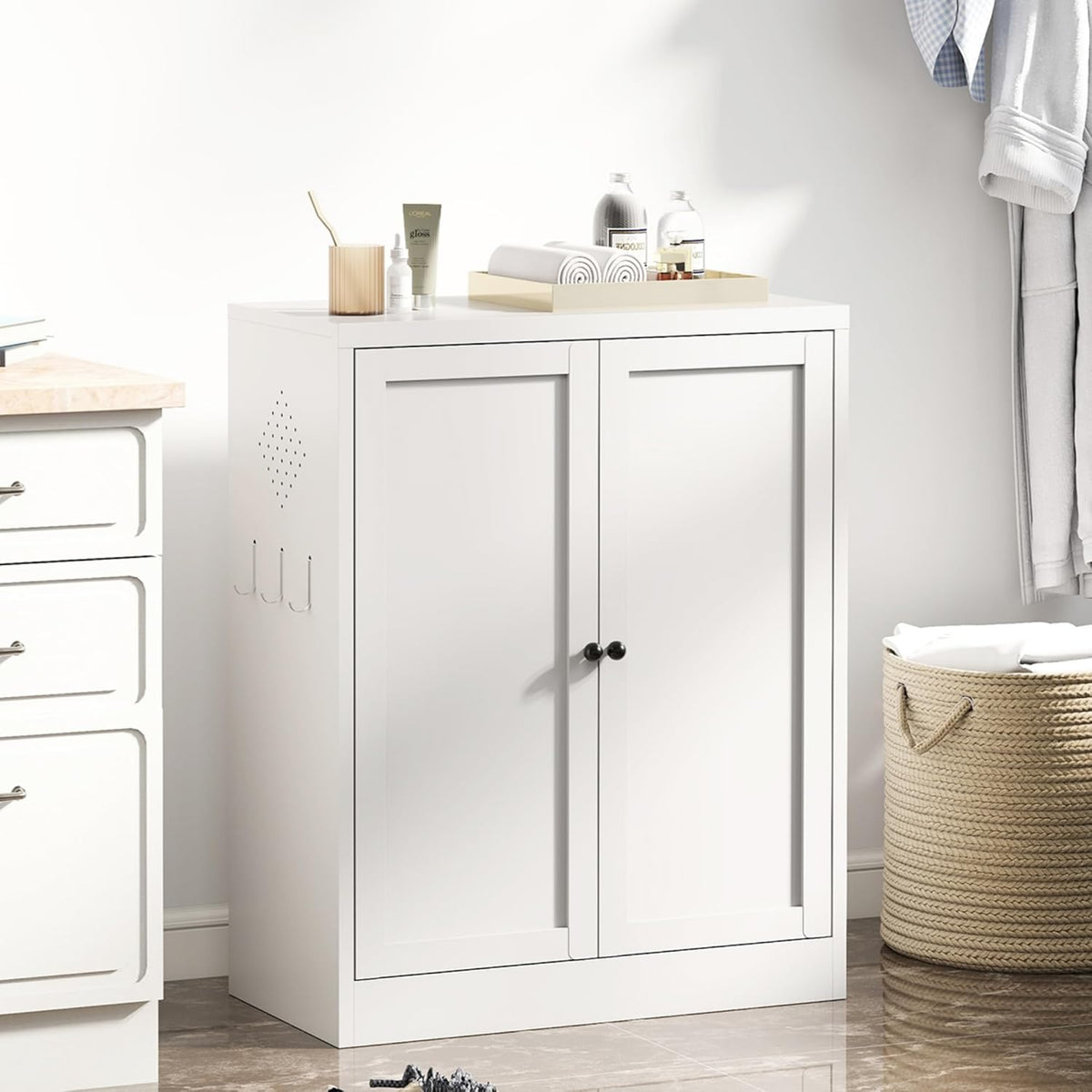 White Steel Pantry Cabinet with 2 Adjustable Shelves, Metal Storage Cabinets for Kitchen, Living Room, Bathroom, Heavy Duty Freestanding Utility Cabinet, Assembly Require