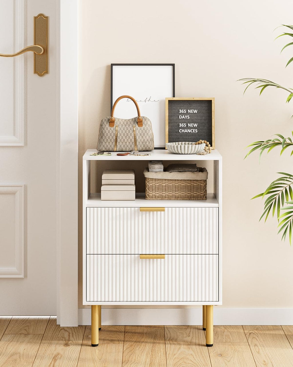 Night Stand,25.7" H Bedside Table with 2-Drawer Shelf,Morden Nightstand with Gold Frame,Fluted Side Table with Gold Frame,End Table for Bedroom,Living Room
