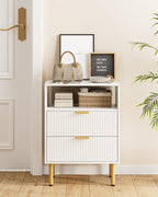 Night Stand,25.7" H Bedside Table with 2-Drawer Shelf,Morden Nightstand with Gold Frame,Fluted Side Table with Gold Frame,End Table for Bedroom,Living Room