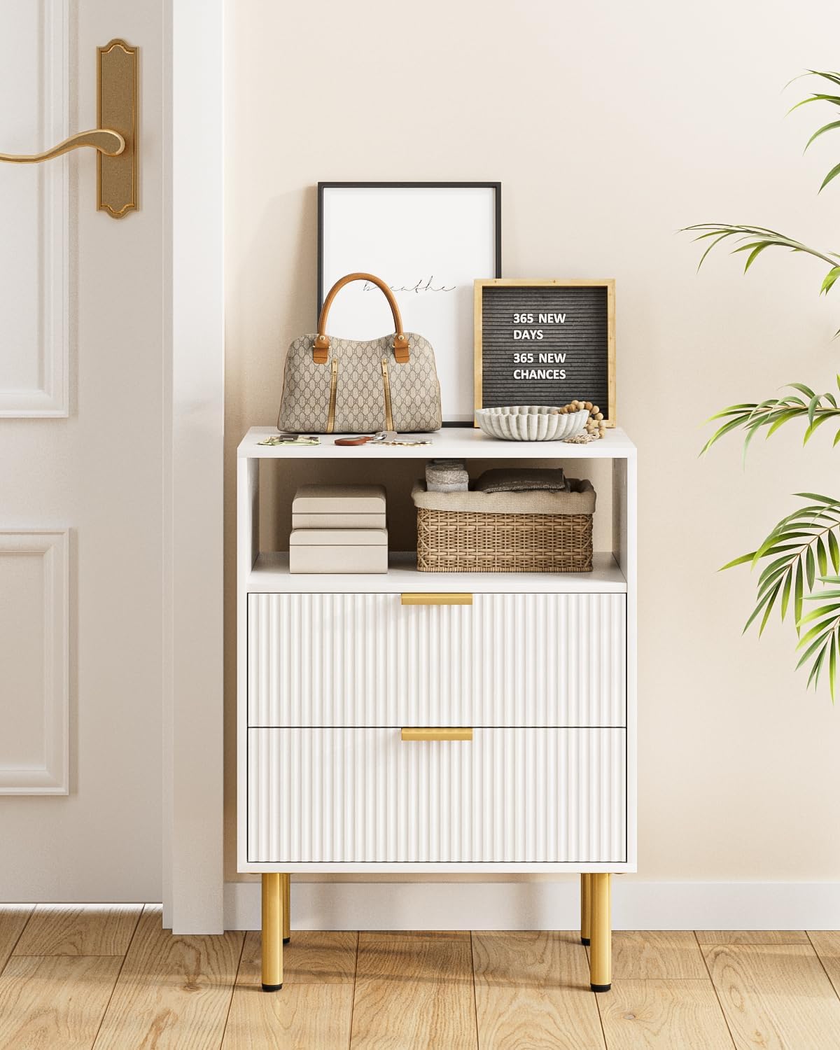 Night Stand,25.7" H Bedside Table with 2-Drawer Shelf,Morden Nightstand with Gold Frame,Fluted Side Table with Gold Frame,End Table for Bedroom,Living Room