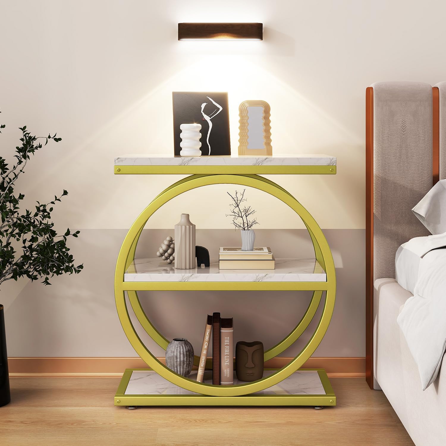 IBUYKE Narrow End Table with 3 Storage Shelves, Industrial Sofa Side Table, Double Round Metal Frames, Slim Nightstand and Bedside Table for Bedroom, Living Room, White with Gold UTMJ418G