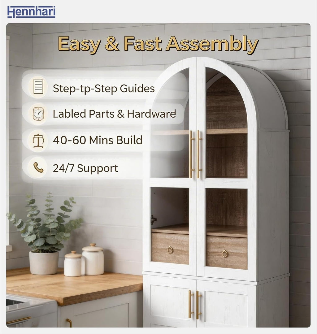 71" Tall Storage Cabinet with Arched Glass Doors, Pantry Cabinet with Solid Doors & Adjustable Shelves, Freestanding Kitchen Display Cabinet for Dining Room, Living Room (White)