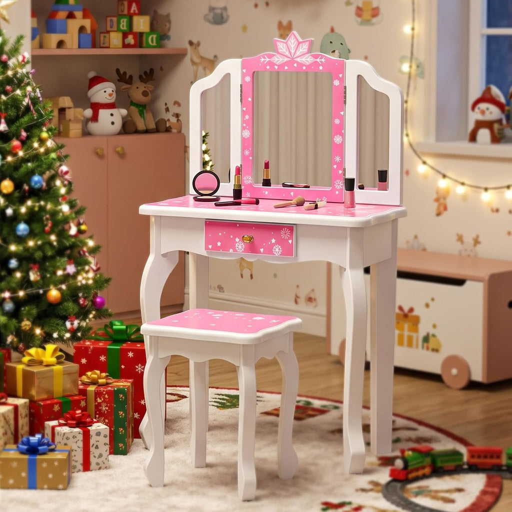 JOYMOR Kids Vanity Set, Wooden Princess Makeup Table with Stool, Tri-Folding Mirror, Large Drawer, Solid Wooden Legs, Beauty Make Up Dressing Set for Girls Best Gift (Pink)