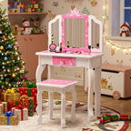 JOYMOR Kids Vanity Set, Wooden Princess Makeup Table with Stool, Tri-Folding Mirror, Large Drawer, Solid Wooden Legs, Beauty Make Up Dressing Set for Girls Best Gift (Pink)