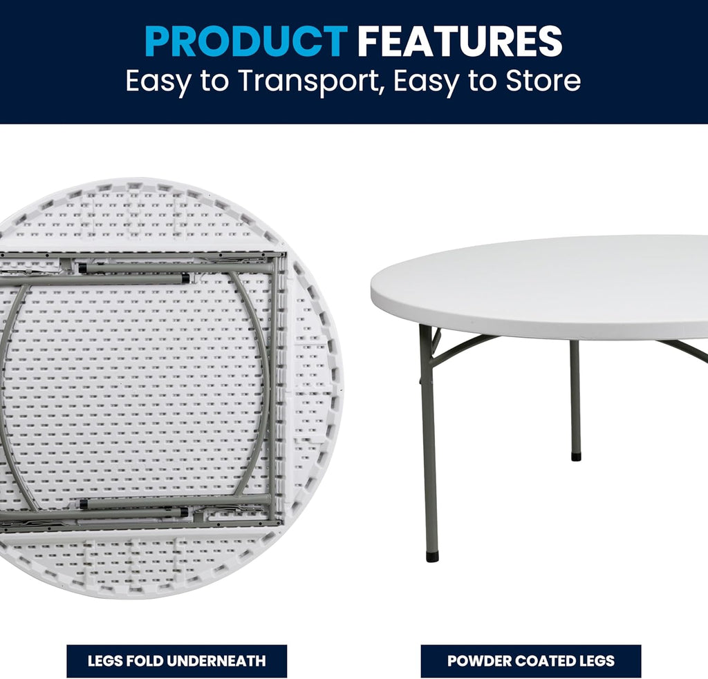 Flash Furniture 5' Round All-Occasion Plastic Folding Event Table for Parties and Trade Shows, Folding Banquet Table for Indoor/Outdoor Events, White