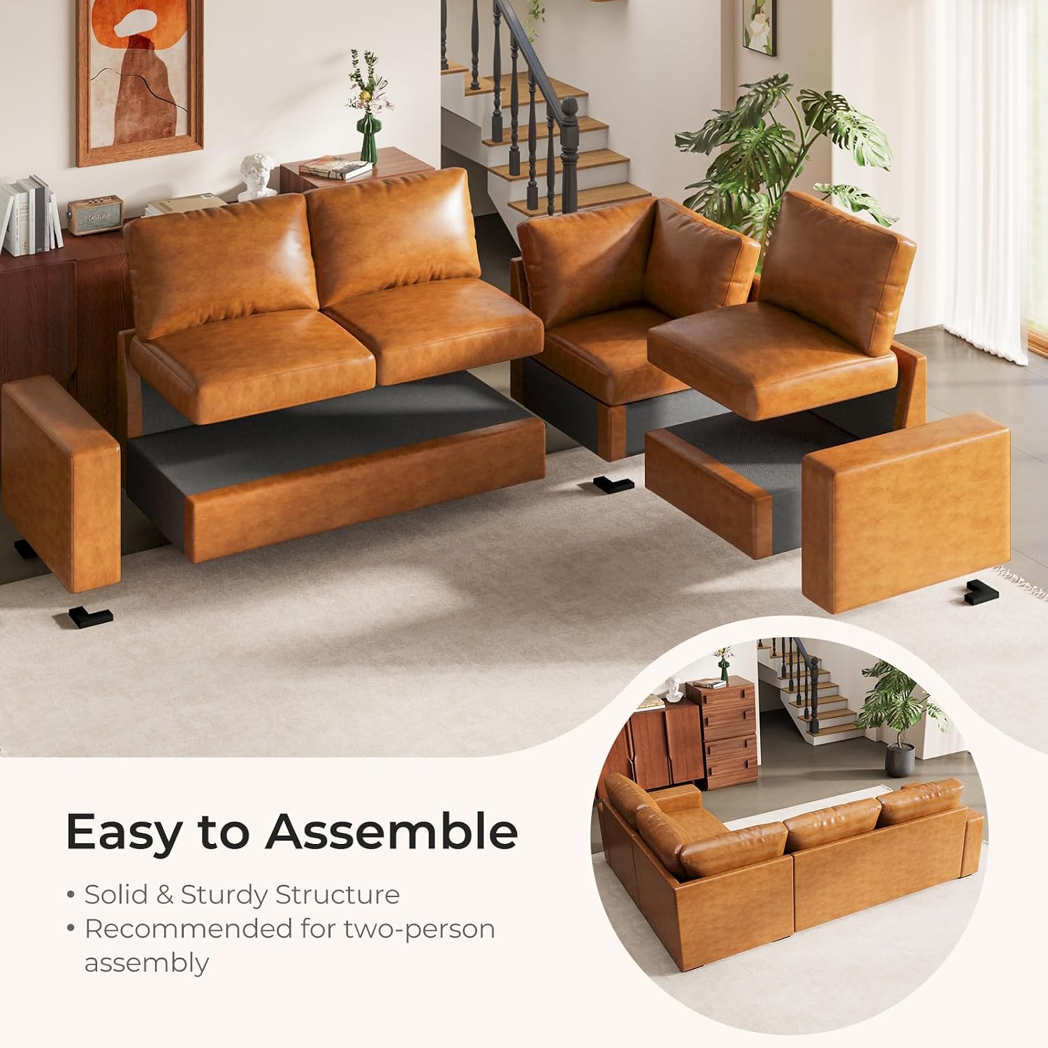 ELUCHANG 113" V-Shaped Modular Sectional Sofa Couch, Modern 4-Seat Premium Faux Leather Deep Seat Sofa with Corner, Removable Cover, Easy Assembly, Large Sofas & Couches for Living Room, Office, Brown
