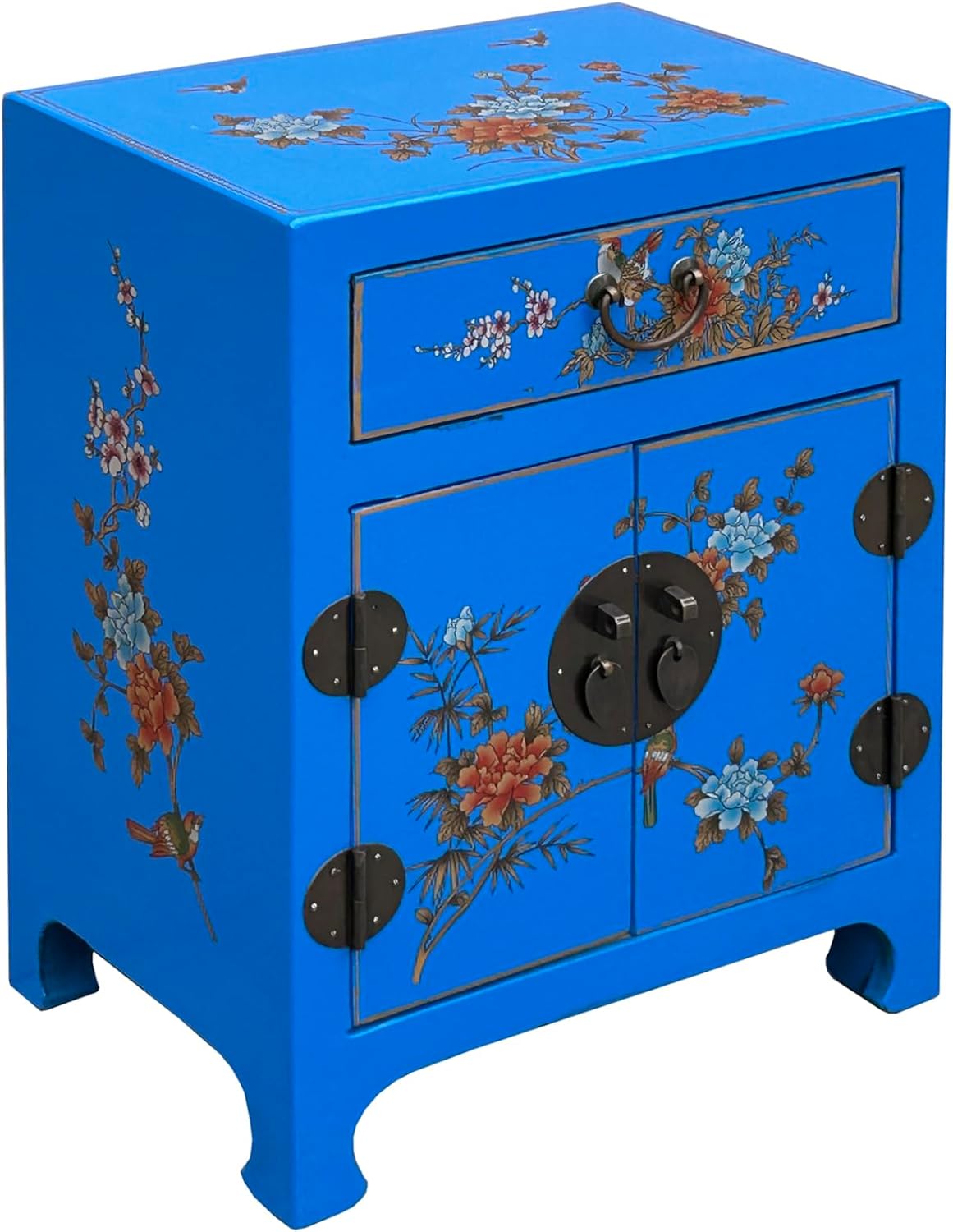 Chinese Bright Blue Vinyl Moon Face Flower Birds End Table Nightstand AGB064
