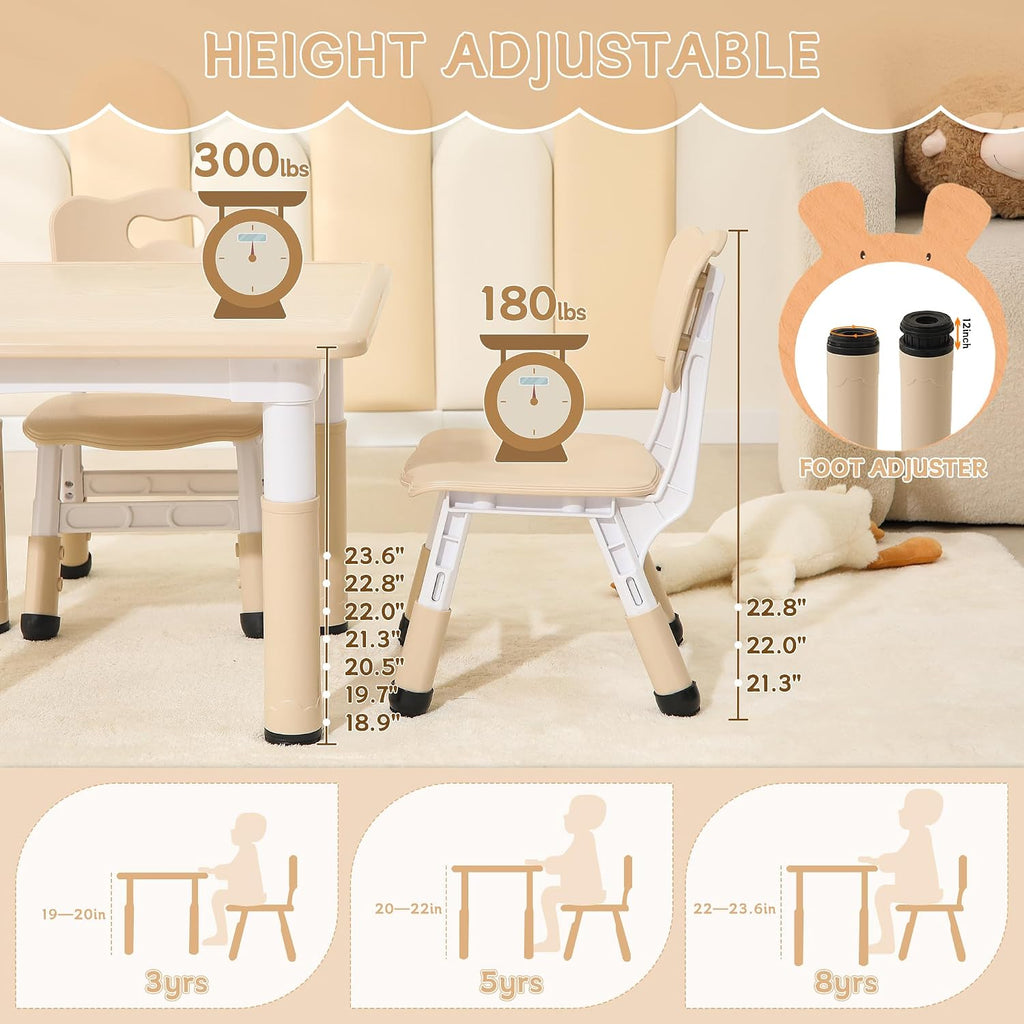 Kids Table and Chairs Set, 23.6''L x 23.6''W Toddler Table and Chairs, Height Adjustable Kids Study Table for Ages 2-10, Graffiti Desktop Children Activity Table with Anti-Slip Foot Covers