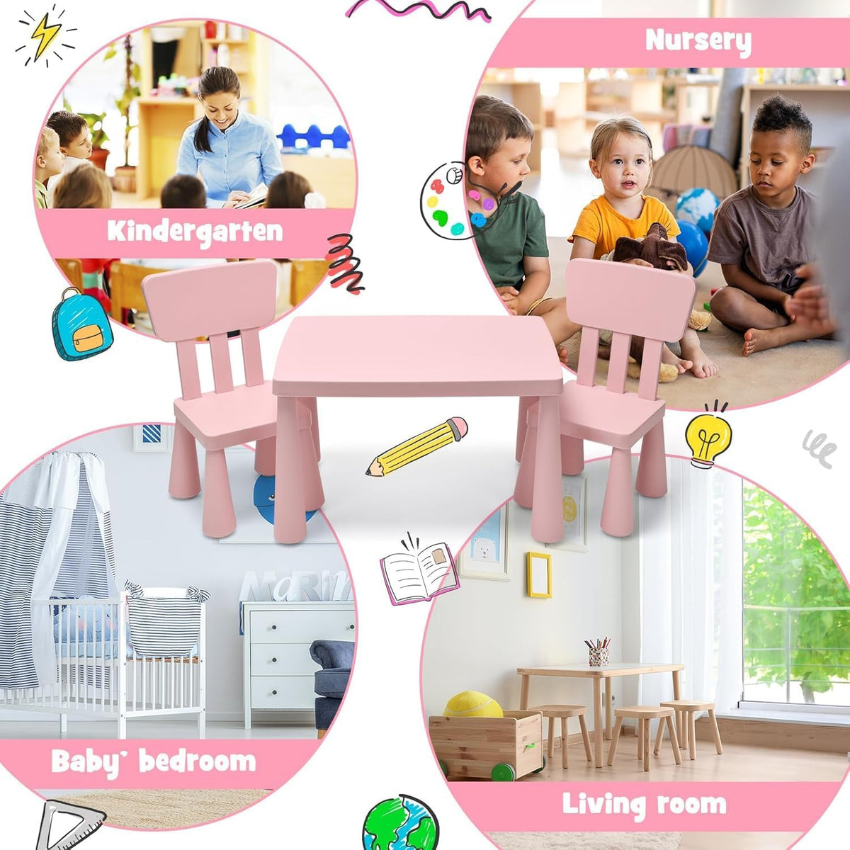 LDAILY Kids Table and Chairs, 3-Piece Children Activity Table for Drawing, Reading, Art Craft and Snack Time, Lightweight Plastic Toddler Table and Chair Set for Playroom, Daycare, Kindergarten (Pink)