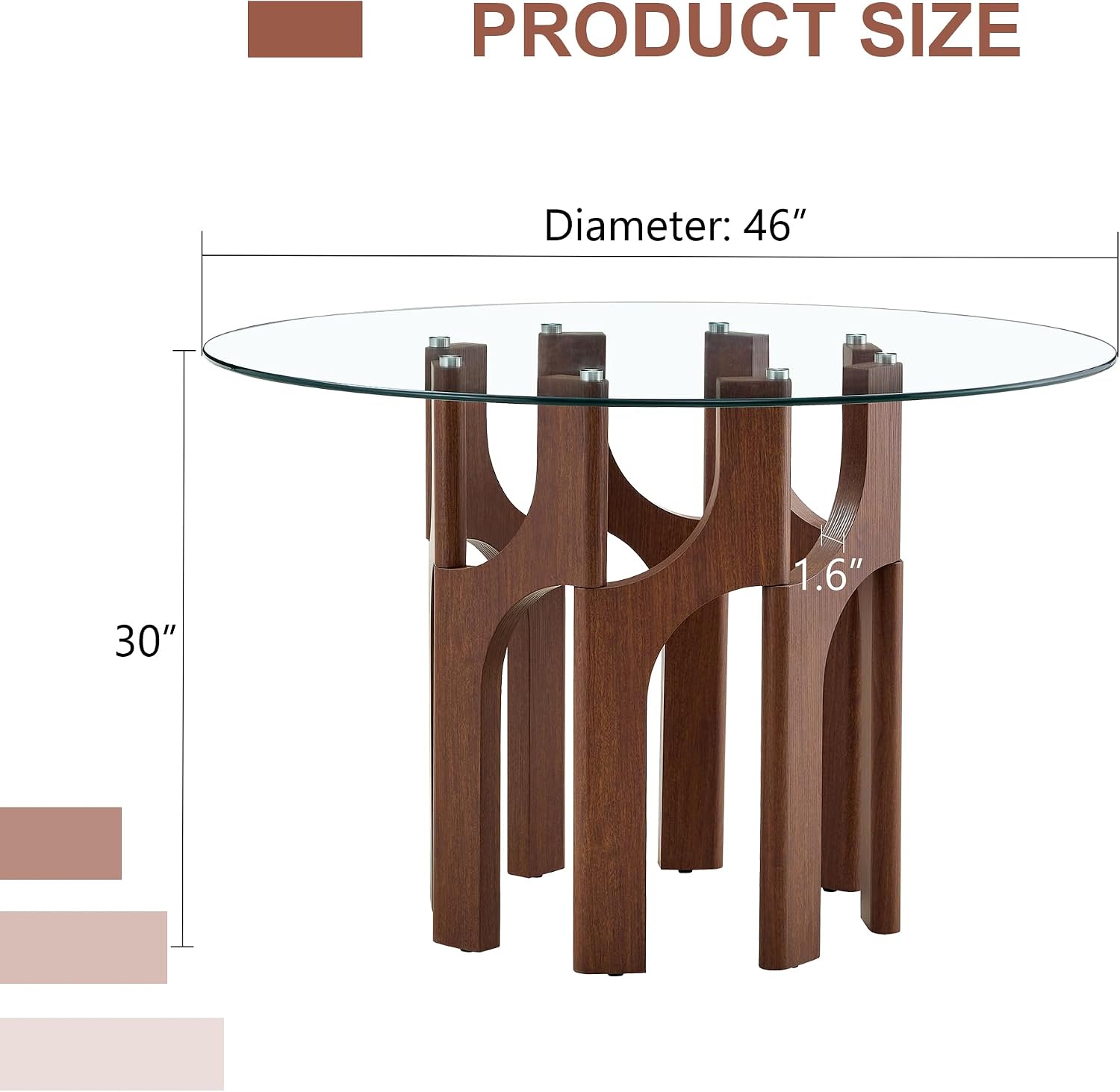 Round Dining Table,46 Inch Glass Kitchen Dining Room Table with Wooden Walnut Pedestal Base,Modern Circle Clear Glass Top 4-6 Person Dinner Table for Small Spaces Home/Apartment