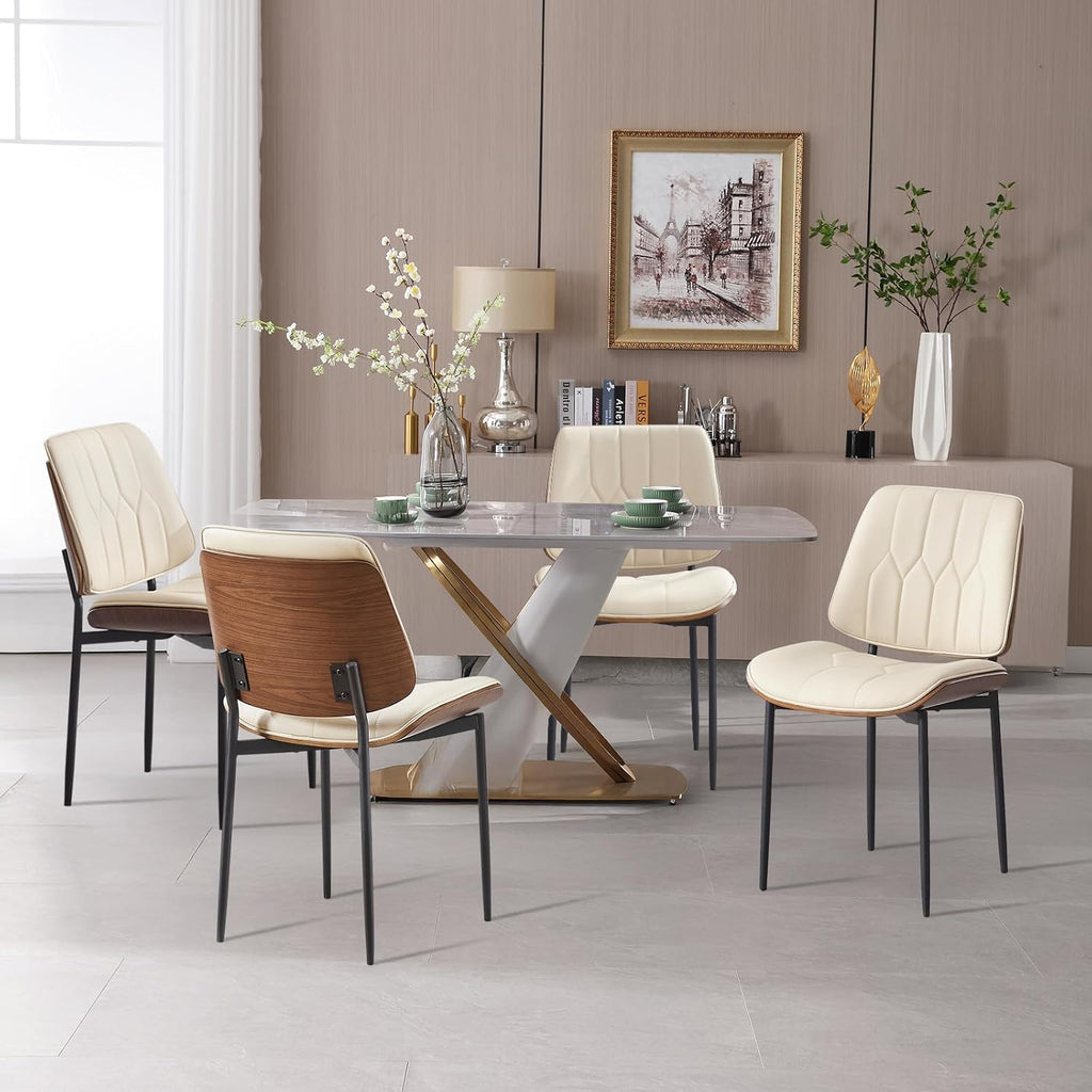 BV Mid Century Dining Chairs Set of 4, PU Leather Bentwood, Beige | Upholstered PU leather seat with walnut bentwood back, armless, retro mid-century style for kitchen, dining & living room
