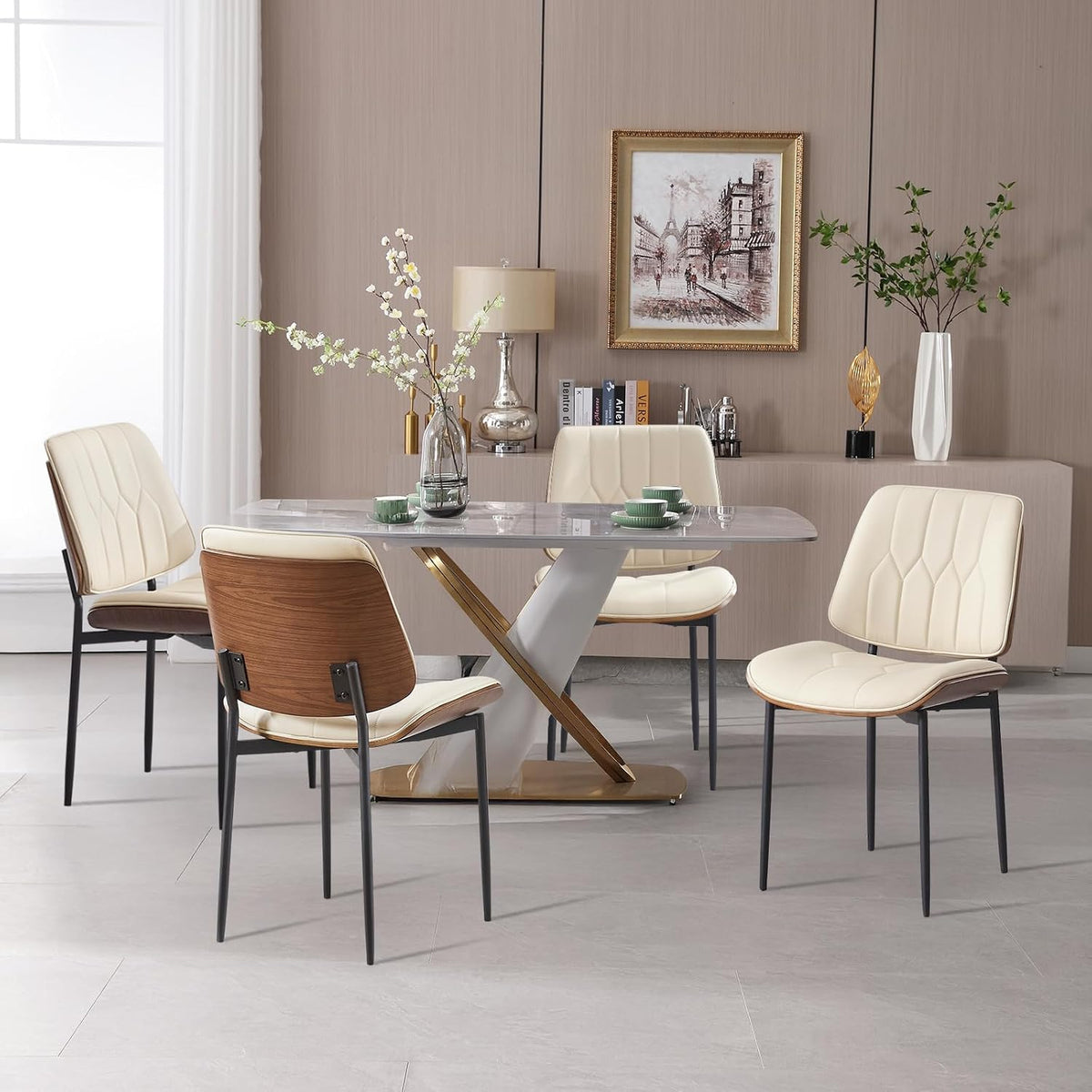 BV Mid Century Dining Chairs Set of 4, PU Leather Bentwood, Beige | Upholstered PU leather seat with walnut bentwood back, armless, retro mid-century style for kitchen, dining & living room