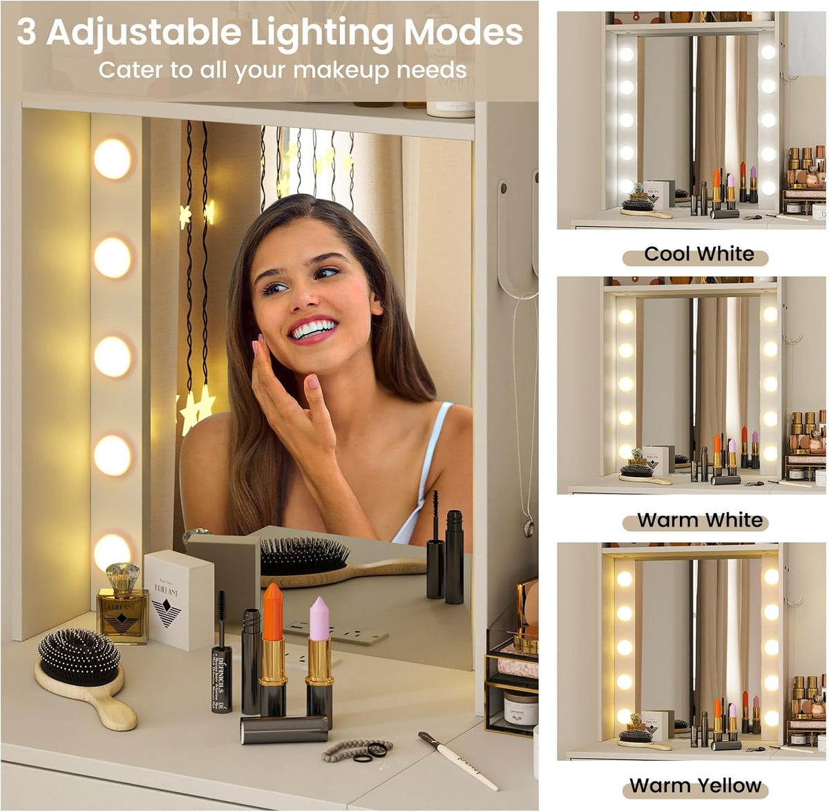 COSTWAY Vanity Desk with Mirror and Lights, Narrow Dressing Table with Foldable Countertop, Padded Stool, 2 Drawers for Apartment, Dorm, Bedroom, Makeup Vanity Set for Girl, Teen, Women (White)