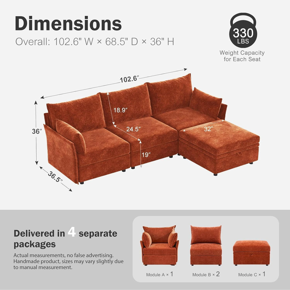ABCASA L-Shaped 4-Seater Modular Sectional Sofa with Movable Storage Ottoman, Comfy Cloud Couch Set in Terracotta Orange Chenille for Living Room