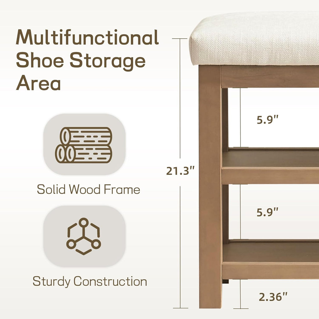 Zihanhome 2 Tier Shoe Rack Bench with Cushion, Solid Wood Shoe Benches, Mid-Century Modern Shoe Storage Bench for Entryway, Hallway, Living Room, Closet, Front Door Entrance, (Beige, 39.4")