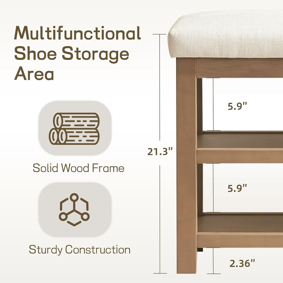 Zihanhome 2 Tier Shoe Rack Bench with Cushion, Solid Wood Shoe Benches, Mid-Century Modern Shoe Storage Bench for Entryway, Hallway, Living Room, Closet, Front Door Entrance, (Beige, 46.5")