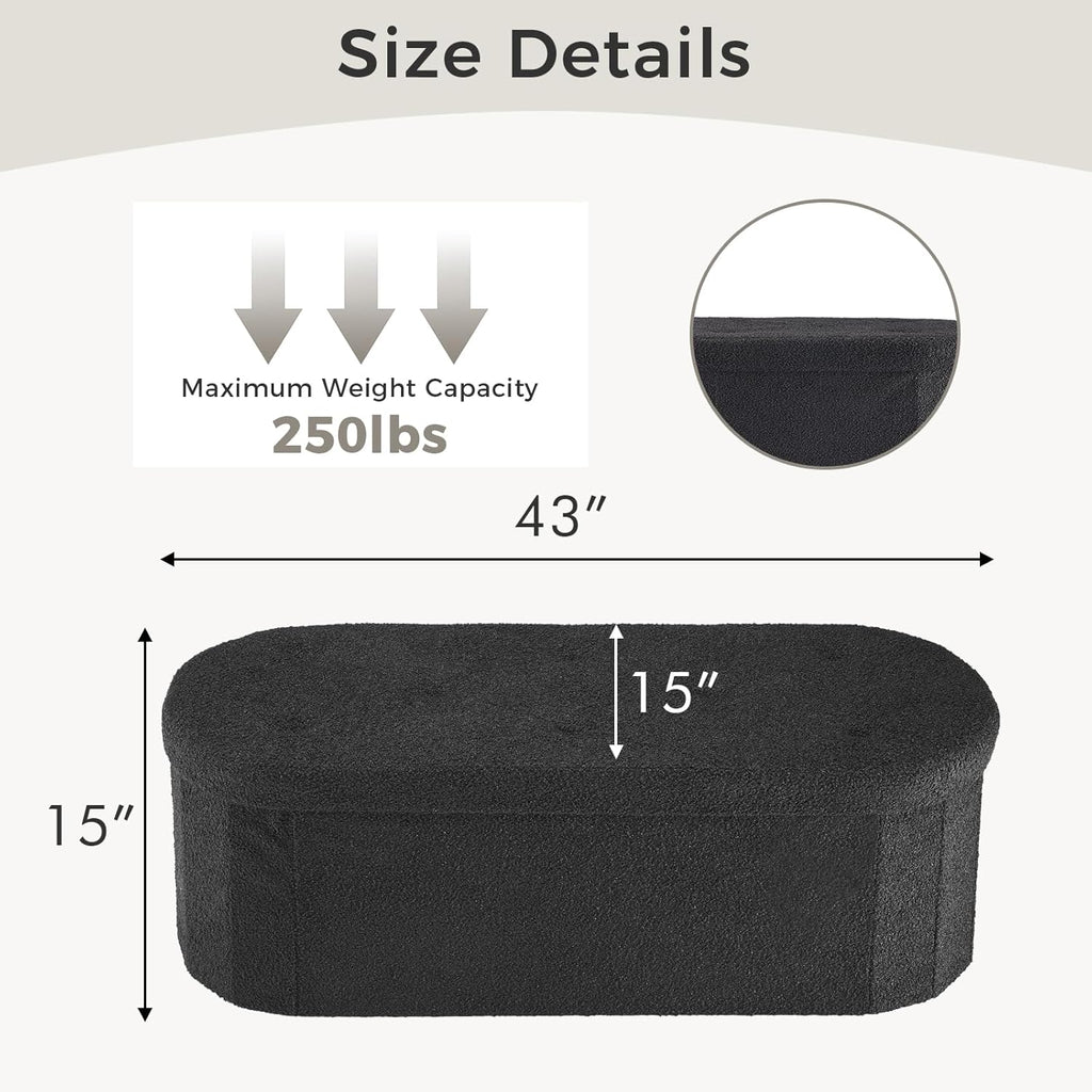 DUMOS Folding Storage Ottoman Bench, Oval Round Ottoman End of Bed Foot Rest Bench Stool with Cushion, Storage Chest for Bedroom, Living Room, Entryway, Dorm, Teddy Fabric, Black