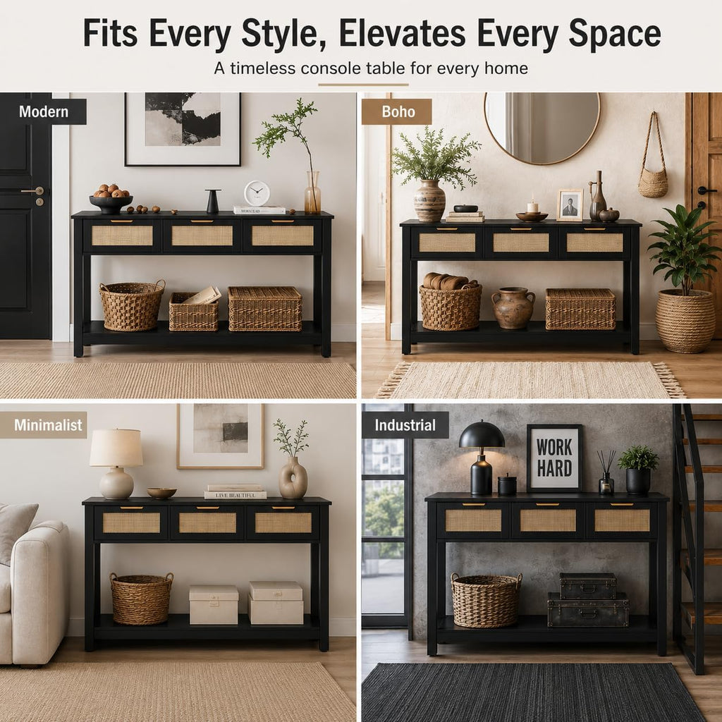 Luoxiao Rattan Console Table 3-Drawer 47" Narrow Black Entryway Sofa Table | Trendy Boho Hallway Foyer Storage, Open Shelf, Sturdy Wooden Entry Table for Living Room, Couch, Easy Assembly, Anti-Tip