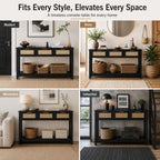 Luoxiao Rattan Console Table 3-Drawer 47" Narrow Black Entryway Sofa Table | Trendy Boho Hallway Foyer Storage, Open Shelf, Sturdy Wooden Entry Table for Living Room, Couch, Easy Assembly, Anti-Tip