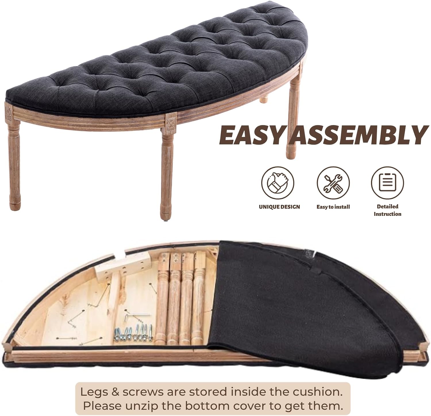 chairus 55" Button Tufted Semi-Circle Dining Bench Linen Halfmoon Entryway Bench Comfy Upholstered Bench Seat for Bay Window/Bedroom End of Bed/Living Room/Indoor, Charcoal Black